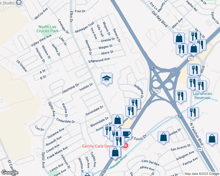 map of restaurants, bars, coffee shops, grocery stores, and more near 3400 Elks Drive in Las Cruces