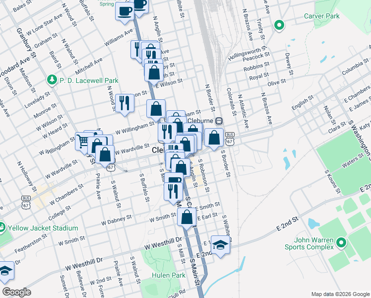 map of restaurants, bars, coffee shops, grocery stores, and more near 207 East Chambers Street in Cleburne