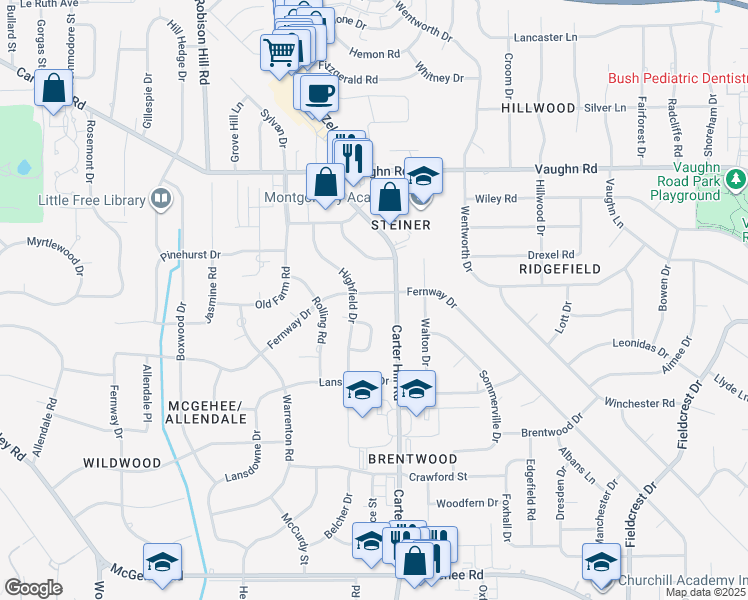 map of restaurants, bars, coffee shops, grocery stores, and more near 2916 Fernway Drive in Montgomery