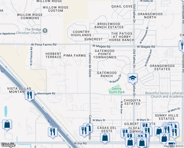 map of restaurants, bars, coffee shops, grocery stores, and more near 4591 West Dunn Place in Tucson