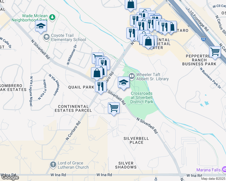 map of restaurants, bars, coffee shops, grocery stores, and more near 7720 North Schisler Drive in Tucson