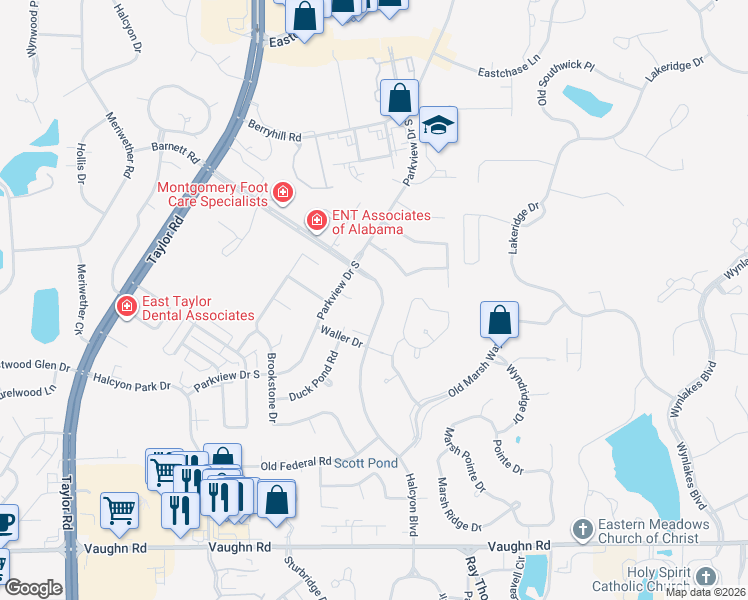 map of restaurants, bars, coffee shops, grocery stores, and more near 2054 Halcyon Boulevard in Montgomery