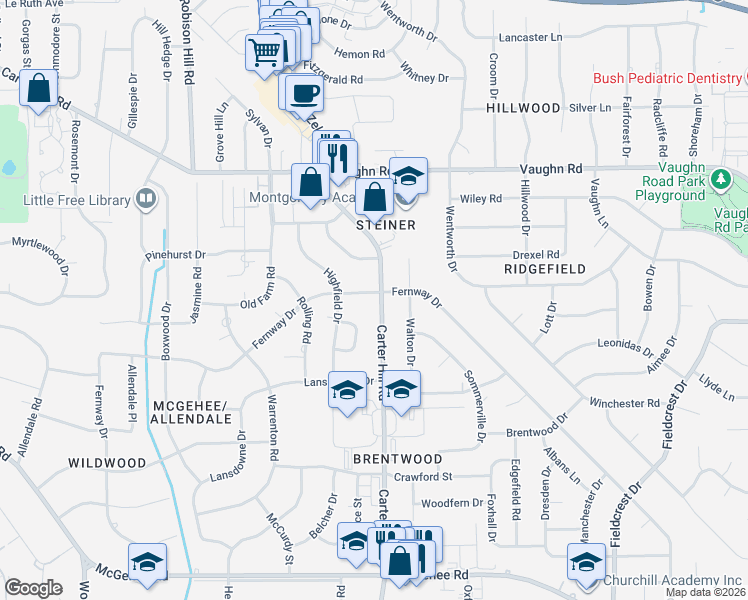 map of restaurants, bars, coffee shops, grocery stores, and more near 2916 Fernway Drive in Montgomery