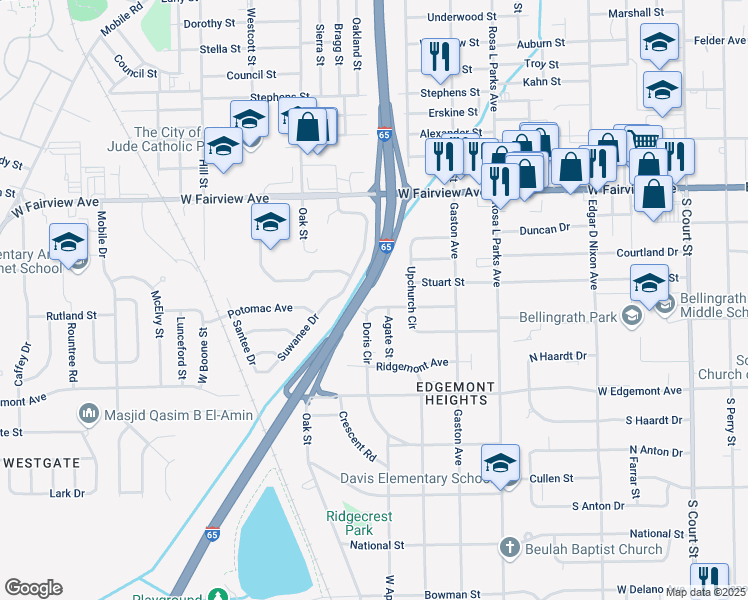 map of restaurants, bars, coffee shops, grocery stores, and more near 840 Doris Circle in Montgomery
