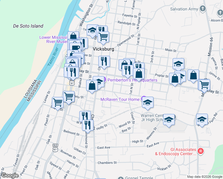 map of restaurants, bars, coffee shops, grocery stores, and more near 1123 South Street in Vicksburg