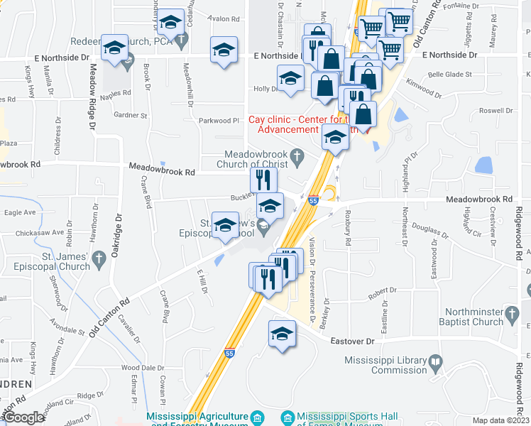 map of restaurants, bars, coffee shops, grocery stores, and more near 1 Carlyle Place in Jackson