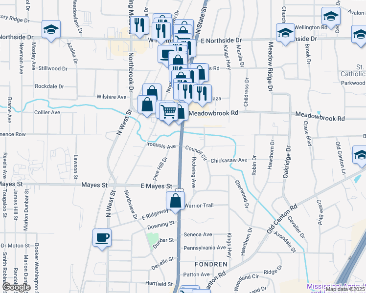 map of restaurants, bars, coffee shops, grocery stores, and more near 4346 Council Cir in Jackson