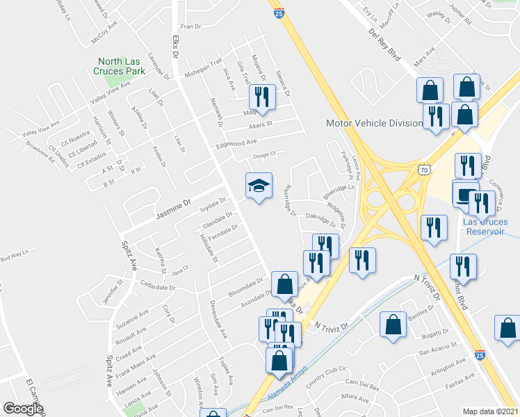 map of restaurants, bars, coffee shops, grocery stores, and more near 3400 Elks Drive in Las Cruces