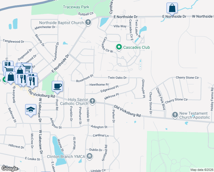 map of restaurants, bars, coffee shops, grocery stores, and more near 1517 Edgewood Place in Clinton