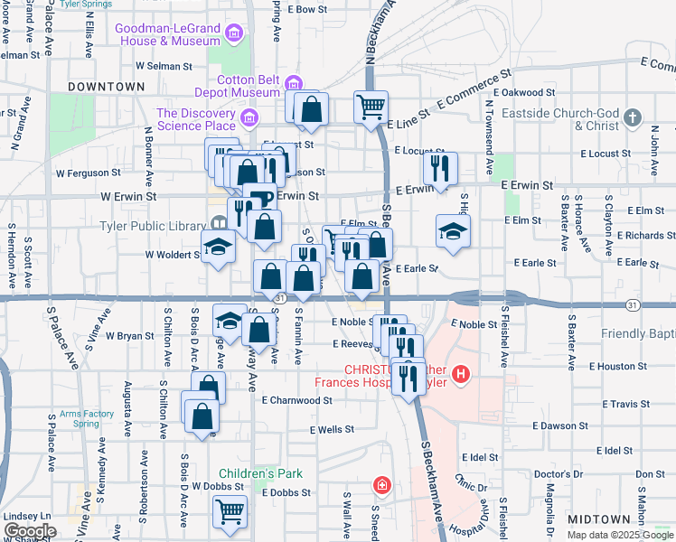 map of restaurants, bars, coffee shops, grocery stores, and more near 430 East Front Street in Tyler