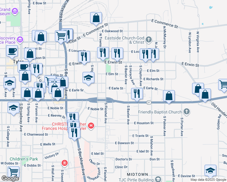 map of restaurants, bars, coffee shops, grocery stores, and more near 1123 East Earle Street in Tyler
