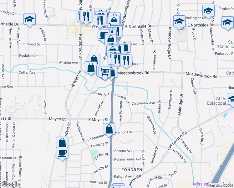 map of restaurants, bars, coffee shops, grocery stores, and more near 4074 North State Street in Jackson