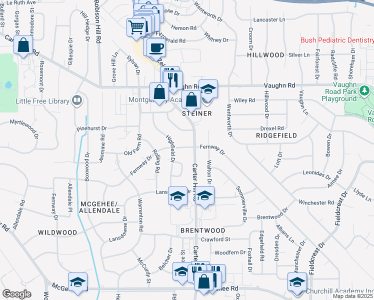 map of restaurants, bars, coffee shops, grocery stores, and more near 2916 Fernway Drive in Montgomery