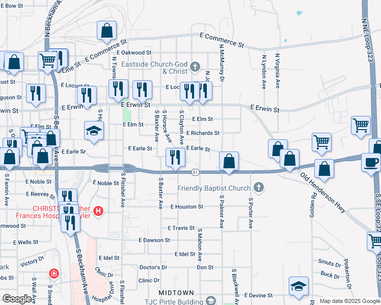 map of restaurants, bars, coffee shops, grocery stores, and more near 1433 East Earle Street in Tyler