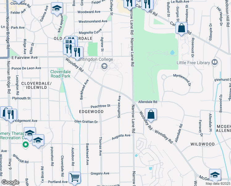 map of restaurants, bars, coffee shops, grocery stores, and more near 1370 Woodley Road in Montgomery