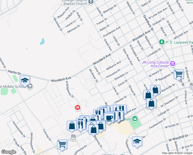 map of restaurants, bars, coffee shops, grocery stores, and more near 1001 Lena Street in Cleburne