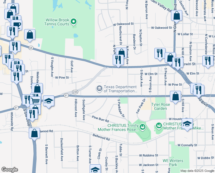 map of restaurants, bars, coffee shops, grocery stores, and more near 2521 West Front Street in Tyler