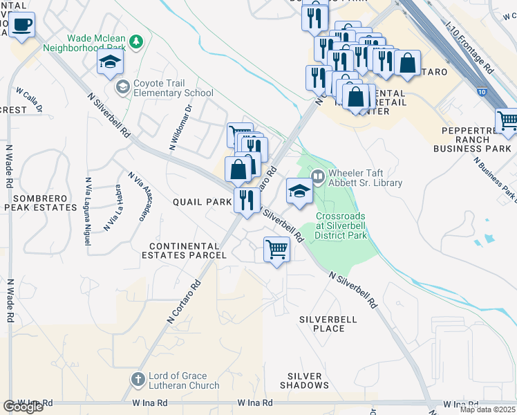 map of restaurants, bars, coffee shops, grocery stores, and more near 7800 North Cortaro Road in Tucson