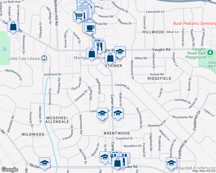 map of restaurants, bars, coffee shops, grocery stores, and more near 2916 Fernway Drive in Montgomery