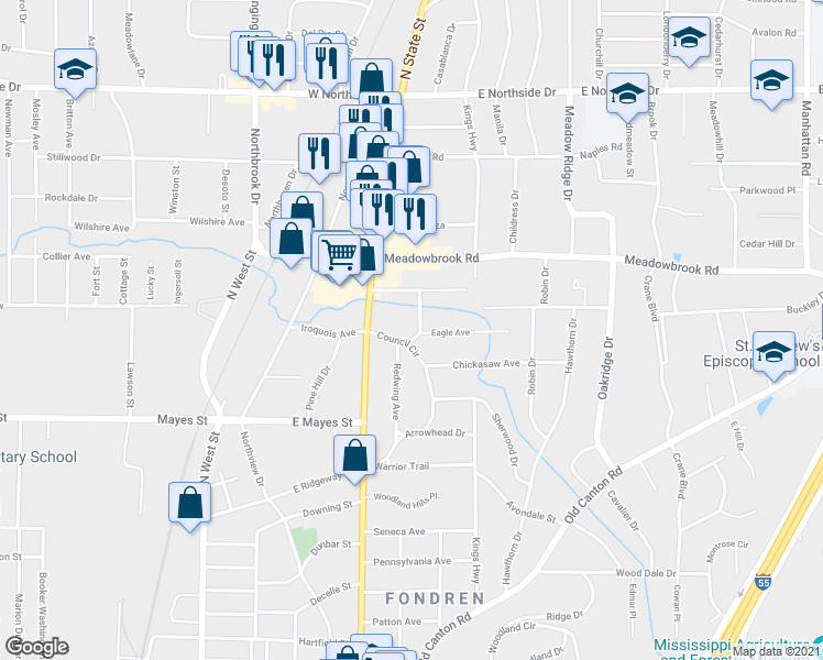 map of restaurants, bars, coffee shops, grocery stores, and more near 4346 Council Circle in Jackson