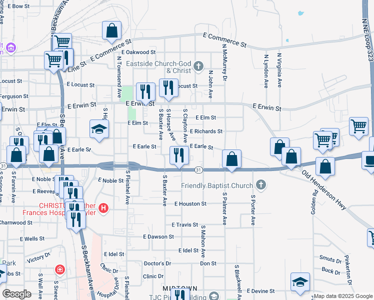map of restaurants, bars, coffee shops, grocery stores, and more near 1433 East Earle Street in Tyler