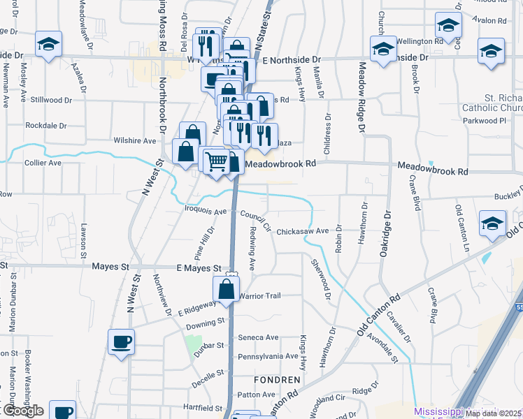 map of restaurants, bars, coffee shops, grocery stores, and more near 4346 Council Circle in Jackson