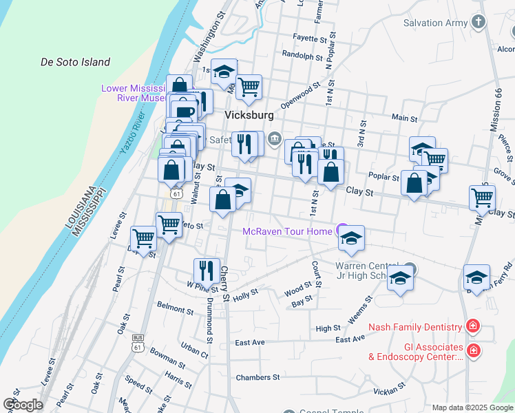 map of restaurants, bars, coffee shops, grocery stores, and more near Street S in Vicksburg