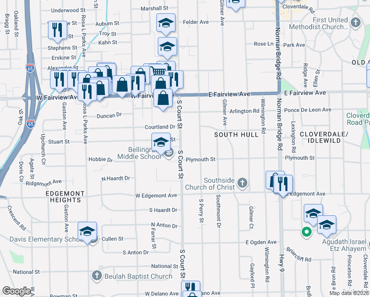 map of restaurants, bars, coffee shops, grocery stores, and more near South Court Street in Montgomery