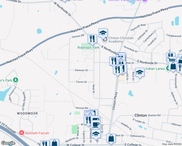 map of restaurants, bars, coffee shops, grocery stores, and more near 905 Neal Street in Clinton