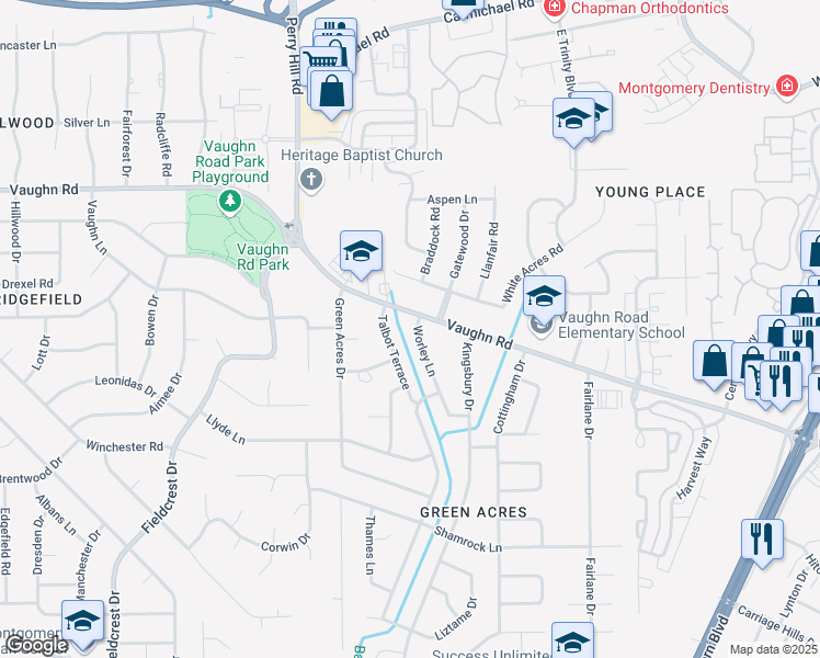 map of restaurants, bars, coffee shops, grocery stores, and more near 1906 Worley Lane in Montgomery