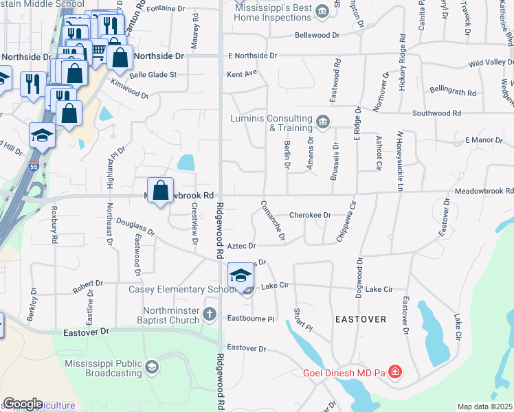 map of restaurants, bars, coffee shops, grocery stores, and more near 4167 Navajo Road in Jackson