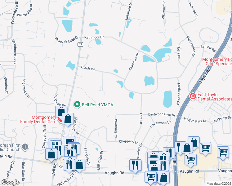 map of restaurants, bars, coffee shops, grocery stores, and more near 6521 Kathmoor Drive in Montgomery