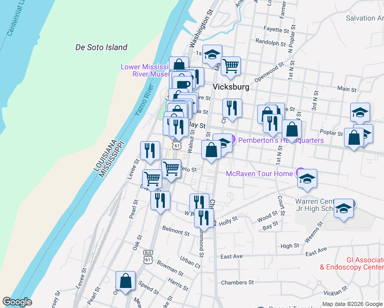 map of restaurants, bars, coffee shops, grocery stores, and more near 819 South Street in Vicksburg
