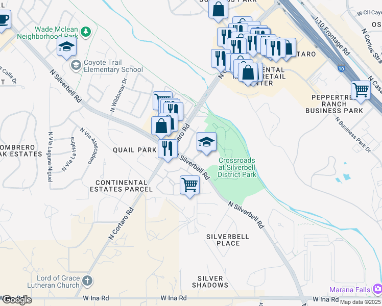 map of restaurants, bars, coffee shops, grocery stores, and more near 7720 North Schisler Drive in Tucson
