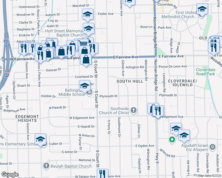 map of restaurants, bars, coffee shops, grocery stores, and more near 3278 Southmont Drive in Montgomery