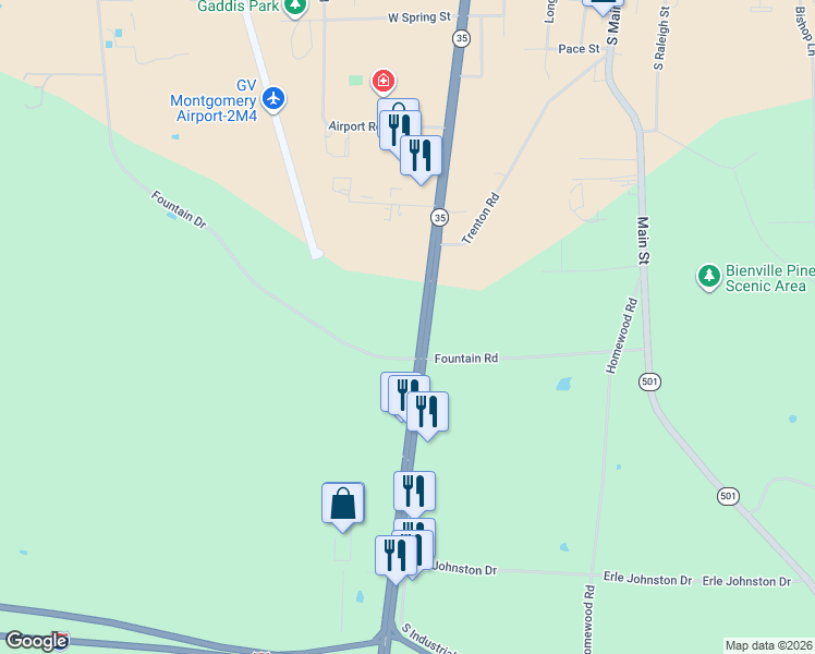 map of restaurants, bars, coffee shops, grocery stores, and more near 518 Fountain Road in Forest