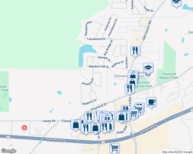 map of restaurants, bars, coffee shops, grocery stores, and more near 310 Hemlock Drive in Flowood