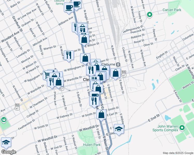 map of restaurants, bars, coffee shops, grocery stores, and more near in Cleburne