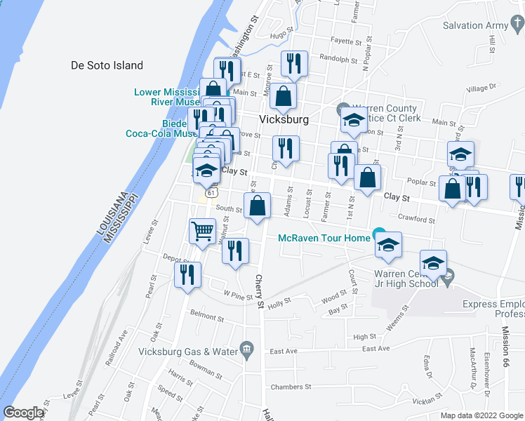 map of restaurants, bars, coffee shops, grocery stores, and more near 1420 Cherry St in Vicksburg