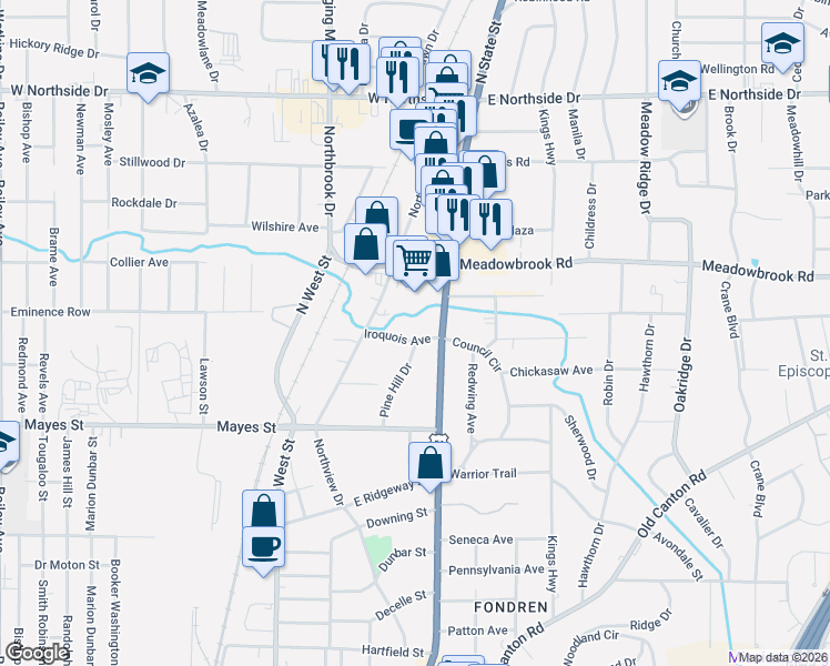 map of restaurants, bars, coffee shops, grocery stores, and more near 4087 Pine Hill Drive in Jackson