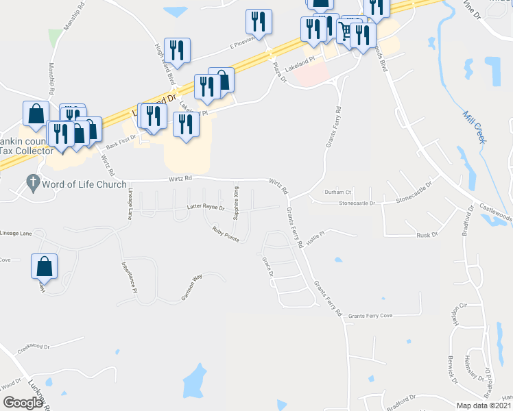 map of restaurants, bars, coffee shops, grocery stores, and more near 154 Latter Rayne Drive in Flowood