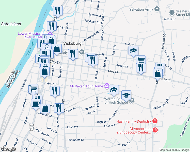 map of restaurants, bars, coffee shops, grocery stores, and more near 1309 South Street in Vicksburg