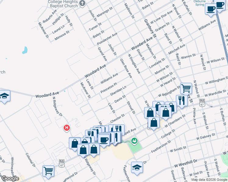 map of restaurants, bars, coffee shops, grocery stores, and more near 1109 Sheridan Lane in Cleburne