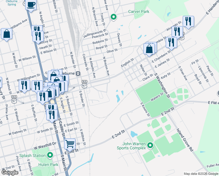 map of restaurants, bars, coffee shops, grocery stores, and more near 203 North Brazos Avenue in Cleburne