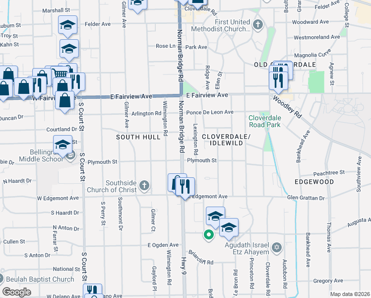 map of restaurants, bars, coffee shops, grocery stores, and more near 3227 Norman Bridge Road in Montgomery