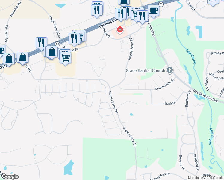 map of restaurants, bars, coffee shops, grocery stores, and more near 347 Stonecastle Drive in Brandon