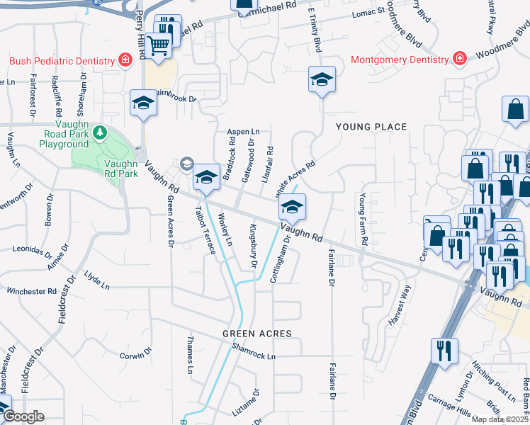 map of restaurants, bars, coffee shops, grocery stores, and more near 1901 Kingsbury Drive in Montgomery