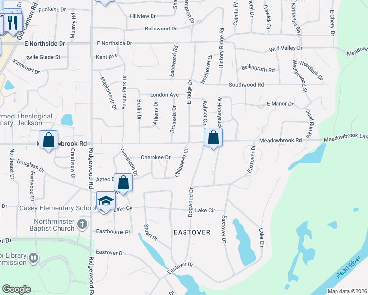 map of restaurants, bars, coffee shops, grocery stores, and more near 112 Chippewa Circle in Jackson