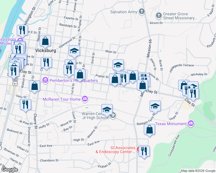 map of restaurants, bars, coffee shops, grocery stores, and more near 1321 Spring Street in Vicksburg