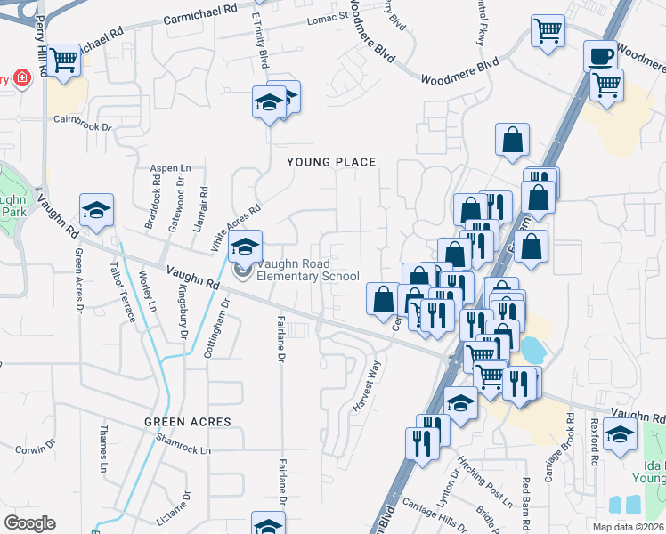 map of restaurants, bars, coffee shops, grocery stores, and more near 1832 Young Farm Road in Montgomery